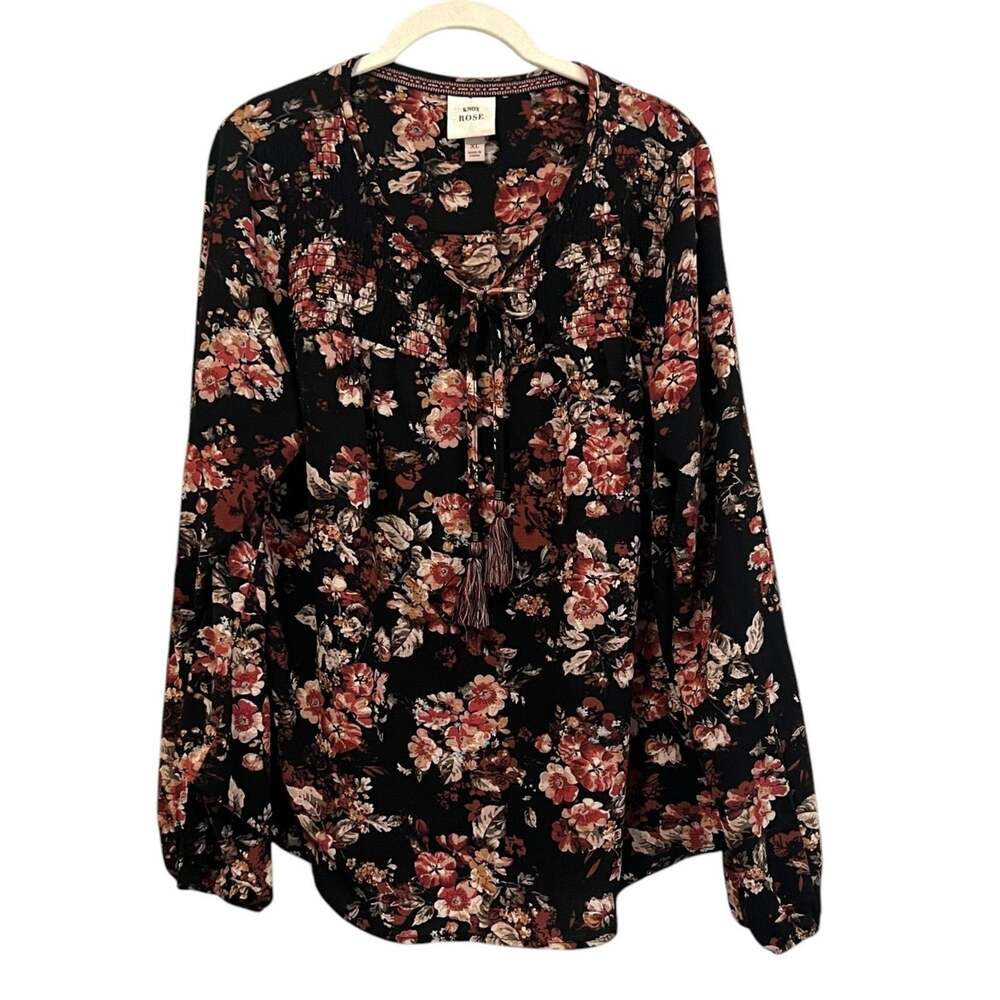 Knox Rose Womens Floral Smocked Tassel Blouse XL Black Dark Floral
